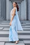 Shop_Mehul Gupta_Sky Blue Satin Embroidery V-neck Hand Pre-draped Saree Set _at_Aza_Fashions