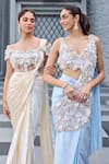 Shop_Mehul Gupta_Sky Blue Satin Embroidery V-neck Hand Pre-draped Saree Set _Online_at_Aza_Fashions