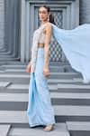 Mehul Gupta_Sky Blue Satin Embroidery V-neck Hand Pre-draped Saree Set _at_Aza_Fashions