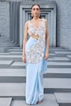 Buy_Mehul Gupta_Sky Blue Satin Embroidery V-neck Hand Pre-draped Saree Set _at_Aza_Fashions