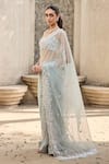 Mehul Gupta_Sky Blue Organza Sequins, Embroidery Square Neck Hand Pre-draped Saree Set _at_Aza_Fashions