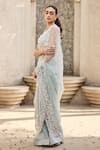 Buy_Mehul Gupta_Sky Blue Organza Sequins, Embroidery Square Neck Hand Pre-draped Saree Set 