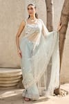 Buy_Mehul Gupta_Sky Blue Organza Sequins, Embroidery Square Neck Hand Pre-draped Saree Set _at_Aza_Fashions