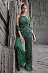 Buy_Mehul Gupta_Green Net Embroidery, Sequins Round Neck Hand Tunic Sharara Set 