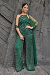 Mehul Gupta_Green Net Embroidery, Sequins Round Neck Hand Tunic Sharara Set _Online