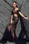 Buy_Mehul Gupta_Black Net Embroidery Halter Neck Hand Gown And Dupatta Set _at_Aza_Fashions