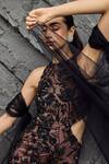 Mehul Gupta_Black Net Embroidery Halter Neck Hand Gown And Dupatta Set _Online_at_Aza_Fashions