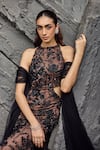 Buy_Mehul Gupta_Black Net Embroidery Halter Neck Hand Gown And Dupatta Set _Online_at_Aza_Fashions