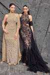 Shop_Mehul Gupta_Gold Net Embroidery Round Neck Hand Gown Set _at_Aza_Fashions