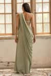 Shop_Parshya_Green Viscose, Satin Embroidery Round Neck Pre-draped Saree Set _at_Aza_Fashions