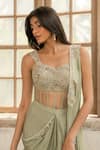 Parshya_Green Viscose, Satin Embroidery Round Neck Pre-draped Saree Set _Online_at_Aza_Fashions