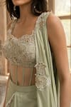 Buy_Parshya_Green Viscose, Satin Embroidery Round Neck Pre-draped Saree Set _Online_at_Aza_Fashions