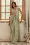 Buy_Parshya_Green Viscose, Satin Embroidery Round Neck Pre-draped Saree Set _at_Aza_Fashions