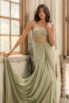 Shop_Parshya_Green Viscose, Satin Embroidery Round Neck Pre-draped Saree Set _Online_at_Aza_Fashions