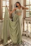 Parshya_Green Viscose, Satin Embroidery Round Neck Pre-draped Saree Set _at_Aza_Fashions