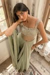 Buy_Parshya_Green Viscose, Satin Embroidery Round Neck Pre-draped Saree Set 