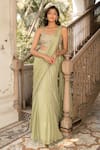 Buy_Parshya_Green Viscose, Georgette, Crepe Beads, Sequins Pale Hand Embroidered Saree Set _at_Aza_Fashions