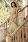 Shop_Parshya_Green Viscose, Georgette, Crepe Beads, Sequins Pale Hand Embroidered Saree Set _Online_at_Aza_Fashions
