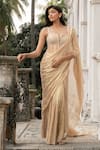 Buy_Parshya_Gold Embroidery Round Neck Hand Pre-draped Saree Set _at_Aza_Fashions