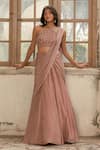 Buy_Parshya_Mauve Viscose, Satin Embroidery Round Neck Pink Hand Saree Set _at_Aza_Fashions