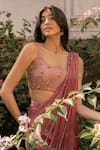 Buy_Parshya_Pink Viscose, Satin, Georgette Round Neck Hand Embroidered Pre-draped Saree Set _Online_at_Aza_Fashions