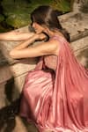 Shop_Parshya_Pink Viscose, Satin, Georgette Round Neck Hand Embroidered Pre-draped Saree Set _Online_at_Aza_Fashions