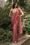 Buy_Parshya_Pink Viscose, Satin, Georgette Round Neck Hand Embroidered Pre-draped Saree Set _at_Aza_Fashions