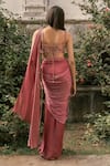 Shop_Parshya_Pink Viscose, Satin, Georgette Round Neck Hand Embroidered Pre-draped Saree Set _at_Aza_Fashions