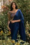 Parshya_Blue Viscose, Crepe, Georgette Embroidery Round Neck Pre-draped Saree Set _Online_at_Aza_Fashions
