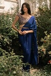 Parshya_Blue Viscose, Crepe, Georgette Embroidery Round Neck Pre-draped Saree Set _at_Aza_Fashions