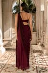 Shop_Parshya_Maroon Viscose, Georgette, Crepe Embroidery High Neck Hand Blouse And Saree Set _at_Aza_Fashions