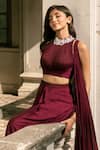 Buy_Parshya_Maroon Viscose, Georgette, Crepe Embroidery High Neck Hand Blouse And Saree Set _Online_at_Aza_Fashions
