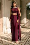 Buy_Parshya_Maroon Viscose, Georgette, Crepe Embroidery High Neck Hand Blouse And Saree Set _at_Aza_Fashions
