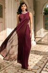 Shop_Parshya_Maroon Viscose, Georgette, Crepe Embroidery High Neck Hand Blouse And Saree Set _Online_at_Aza_Fashions