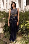 Buy_Parshya_Blue Viscose Georgette, Satin Embroidery Designer Pre-draped Saree And Blouse Set _at_Aza_Fashions