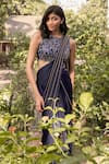 Buy_Parshya_Blue Viscose Georgette, Satin Embroidery Designer Pre-draped Saree And Blouse Set _Online_at_Aza_Fashions