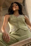 Parshya_Green V-neck Hand Embroidered Vest And Pant Set _Online_at_Aza_Fashions
