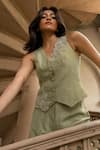Shop_Parshya_Green V-neck Hand Embroidered Vest And Pant Set _Online_at_Aza_Fashions