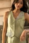 Buy_Parshya_Green V-neck Hand Embroidered Vest And Pant Set 
