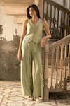 Buy_Parshya_Green V-neck Hand Embroidered Vest And Pant Set _at_Aza_Fashions