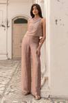 Buy_Parshya_Mauve Brocade Embroidery, Pearls Collared Brown Hand Top And Pant Set _at_Aza_Fashions