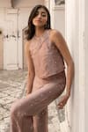 Parshya_Mauve Brocade Embroidery, Pearls Collared Brown Hand Top And Pant Set _Online_at_Aza_Fashions