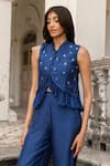 Parshya_Blue Embroidery Collared Hand Top And Pant Set _Online_at_Aza_Fashions