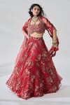 Shop_Ridhima Bhasin_Red Organza, Crepe Embroidery, Sequins Round Neck Chhavi Designer Lehenga Set _at_Aza_Fashions