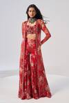 Shop_Ridhima Bhasin_Red Chiffon, Organza Embroidery, Sequins, Beads Open Neck, Floral Jacket Set _Online_at_Aza_Fashions