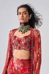 Buy_Ridhima Bhasin_Red Chiffon, Organza Embroidery, Sequins, Beads Open Neck, Floral Jacket Set 