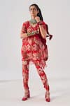 Buy_Ridhima Bhasin_Red Georgette, Rayon Embroidery Round Neck Floral High Low Oorja Kurta Set _at_Aza_Fashions