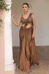 Buy_Label Astha Chhabra_Brown Net Beads Asymmetric Embroidered Pre-draped Saree Set _at_Aza_Fashions