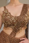Label Astha Chhabra_Brown Net Beads Asymmetric Embroidered Pre-draped Saree Set _Online_at_Aza_Fashions