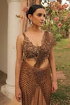 Shop_Label Astha Chhabra_Brown Net Beads Asymmetric Embroidered Pre-draped Saree Set _Online_at_Aza_Fashions